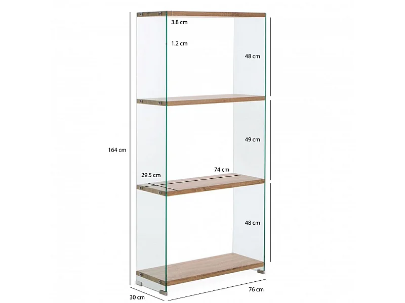 Bibliothèque H. 164 cm en verre trempé et 3 étagères décor chêne - ICE