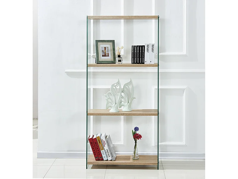 Bibliothèque H. 164 cm en verre trempé et 3 étagères décor chêne - ICE