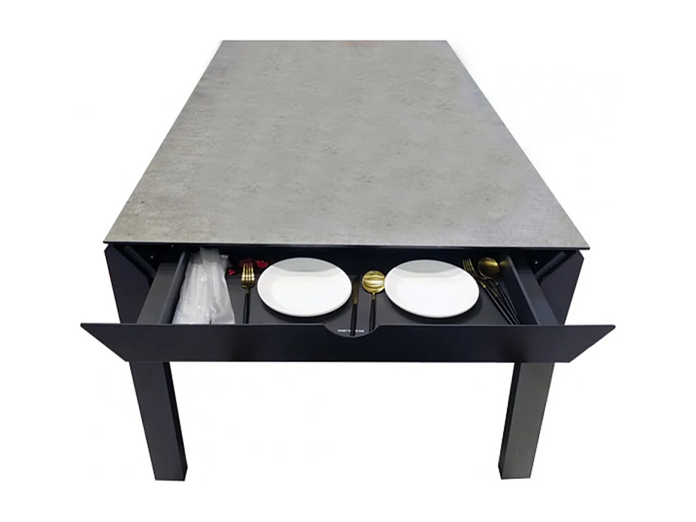 Table de jardin 200 cm en verre trempé béton et métal 1 tiroir - BAXI