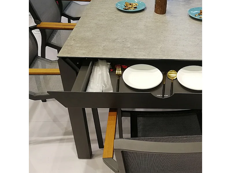 Table de jardin 200 cm en verre trempé béton et métal 1 tiroir - BAXI