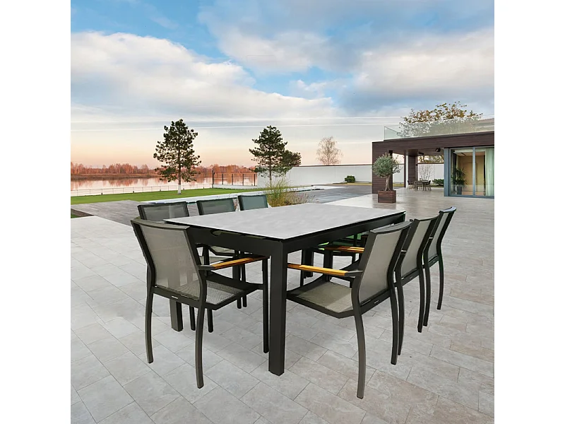 Table de jardin 200 cm en verre trempé béton et métal 1 tiroir - BAXI