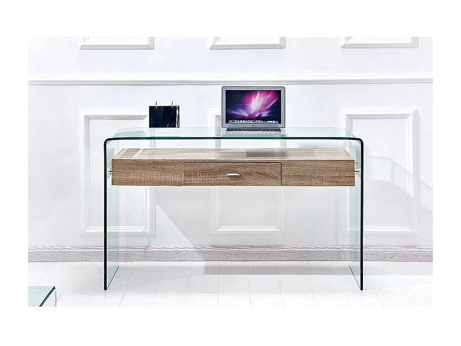 Console L. 125 cm en verre trempé avec tiroir décor chêne - ICE
