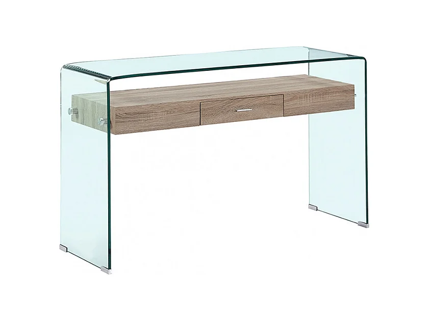 Console L. 125 cm en verre trempé avec tiroir décor chêne - ICE
