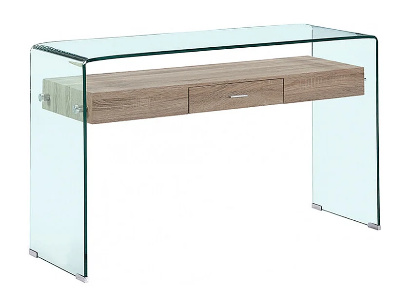 Console L. 125 cm en verre trempé avec tiroir décor chêne - ICE