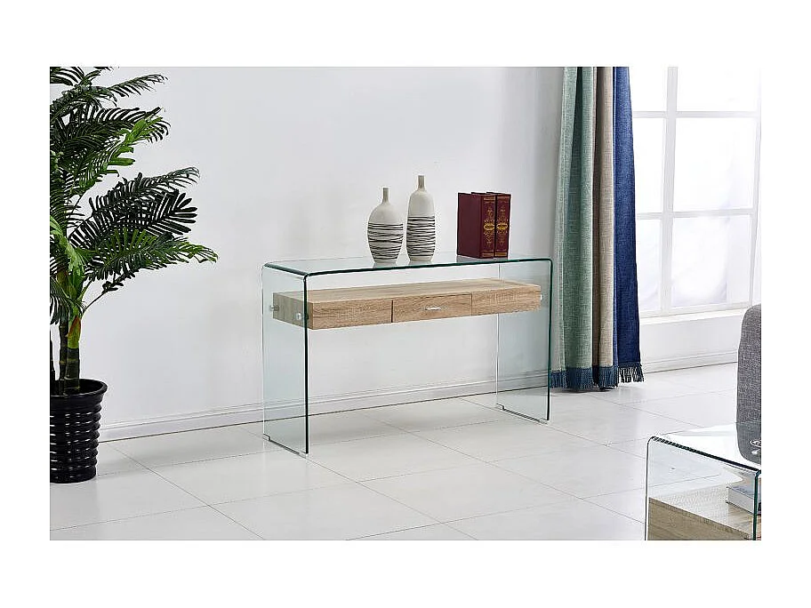 Console L. 125 cm en verre trempé avec tiroir décor chêne - ICE