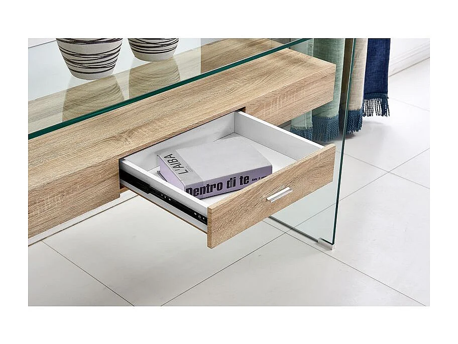 Console L. 125 cm en verre trempé avec tiroir décor chêne - ICE
