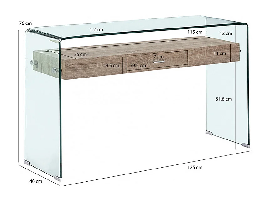 Console L. 125 cm en verre trempé avec tiroir décor chêne - ICE