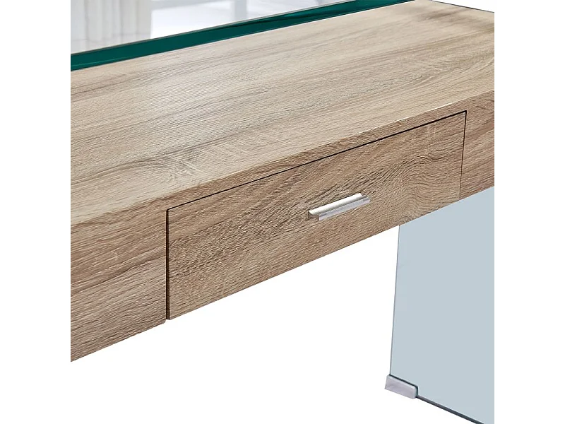 Console L. 125 cm en verre trempé avec tiroir décor chêne - ICE