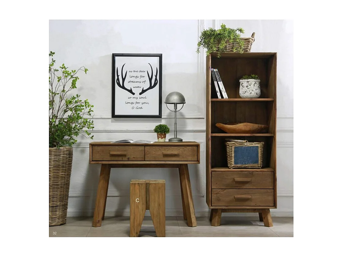 Console L. 100 cm en bois massif de pin recyclé 2 tiroirs - CHALET