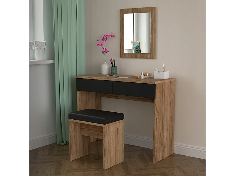 Ensemble coiffeuse décor bois clair avec miroir et banc - ANASTASIA