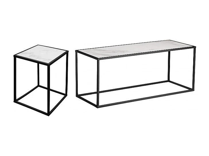 2 tables d'appoint en céramique marbré et verre pieds métal - PAROS