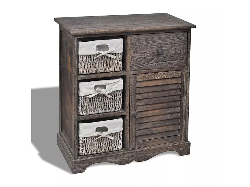 Armoire en bois 3 paniers gauches en tissage Marron