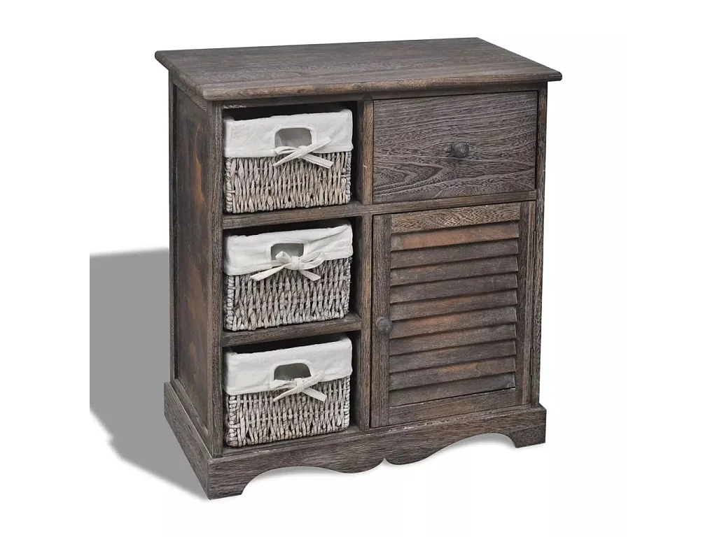 Armoire en bois 3 paniers gauches en tissage Marron