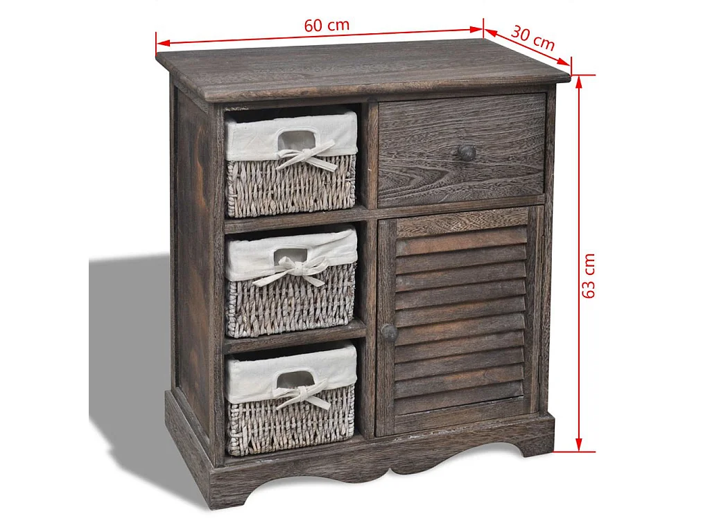 Armoire en bois 3 paniers gauches en tissage Marron