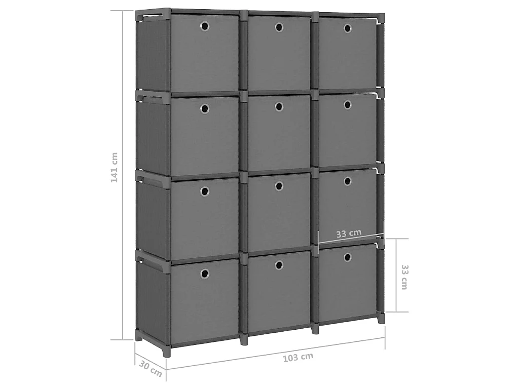Étagère à 12 cubes avec boîtes Gris 103x30x141 Tissu
