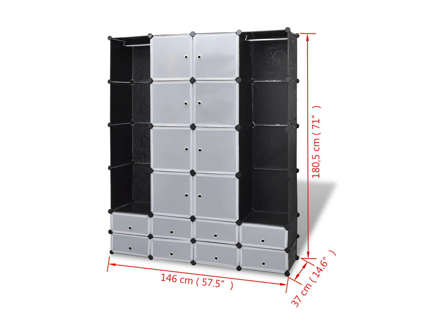 Cabinet modulable avec 18 compartiments noir et blanc 37x146x180,5