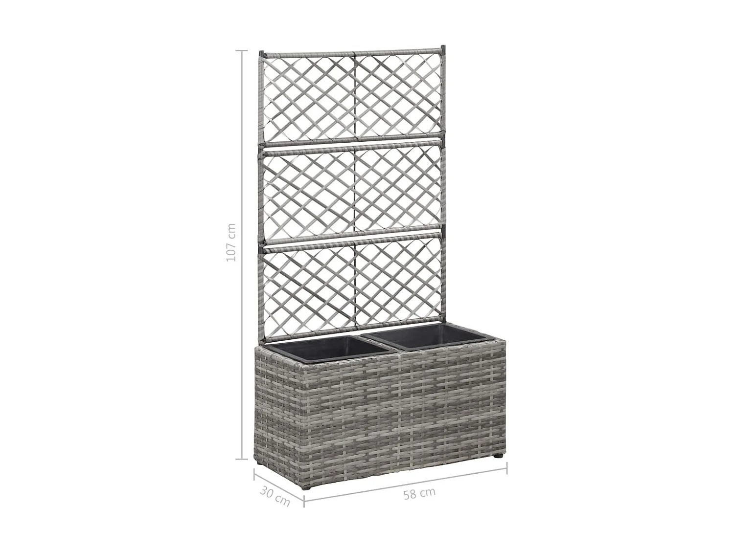Jardinière en treillis 2 pots 58x30x107 Résine tressée Gris