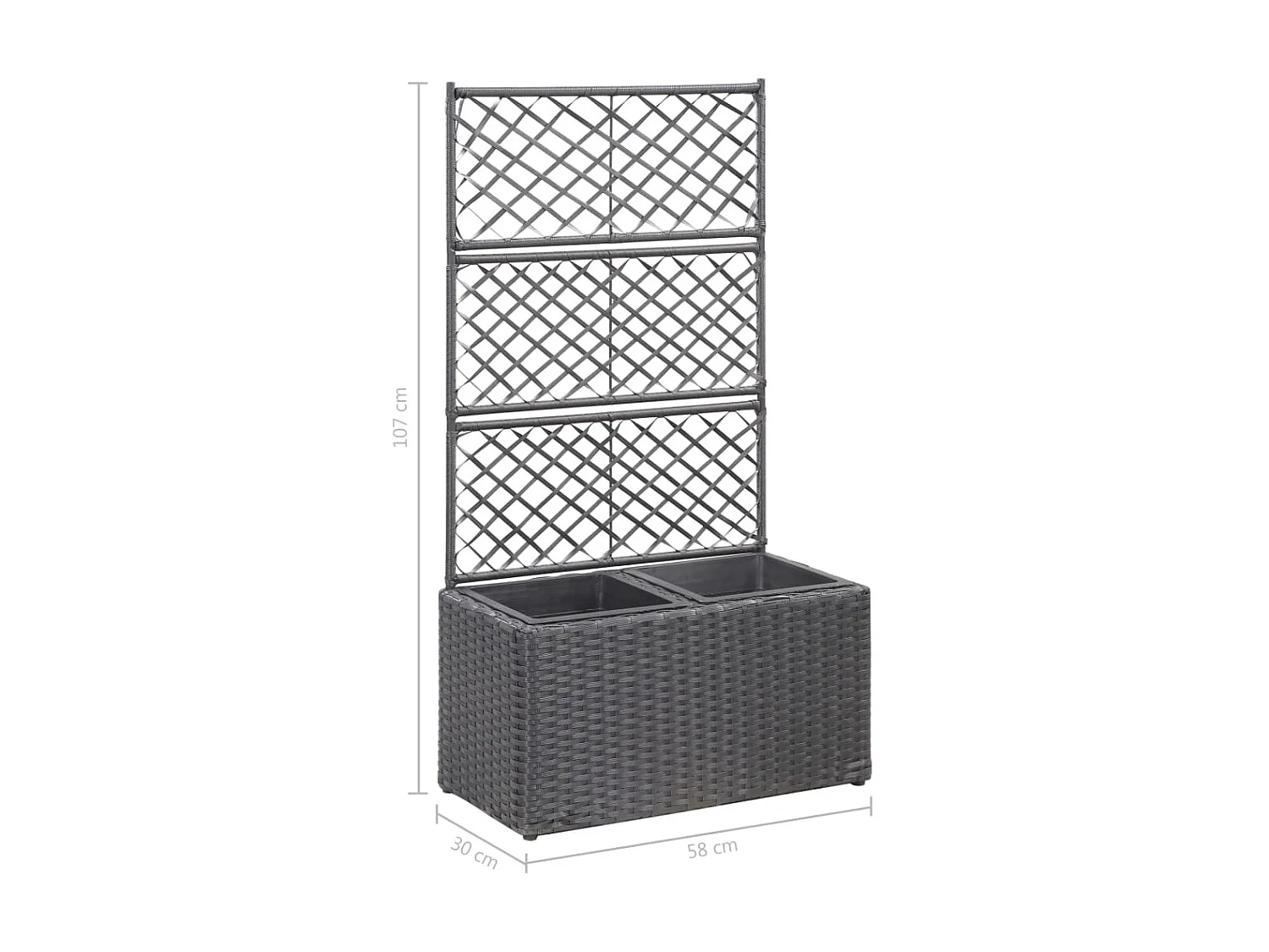 Jardinière treillis 2 pots 58x30x107 Résine tressée Marron