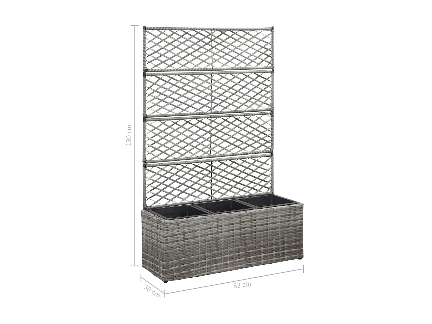Jardinière en treillis 3 pots 83x30x130 Résine tressée Gris
