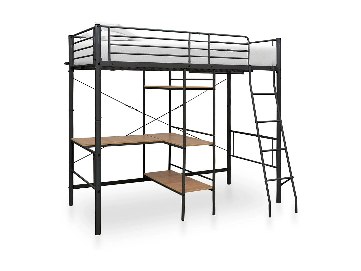 Lit mezzanine rmétal noir avec bureau bois naturel Kozty 90x200