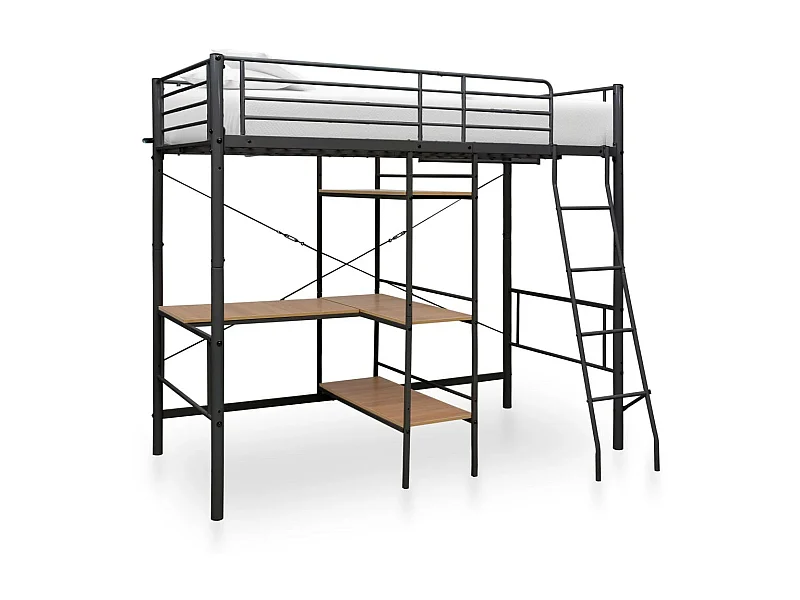 Lit mezzanine rmétal gris avec bureau bois naturel Kozty 90x200