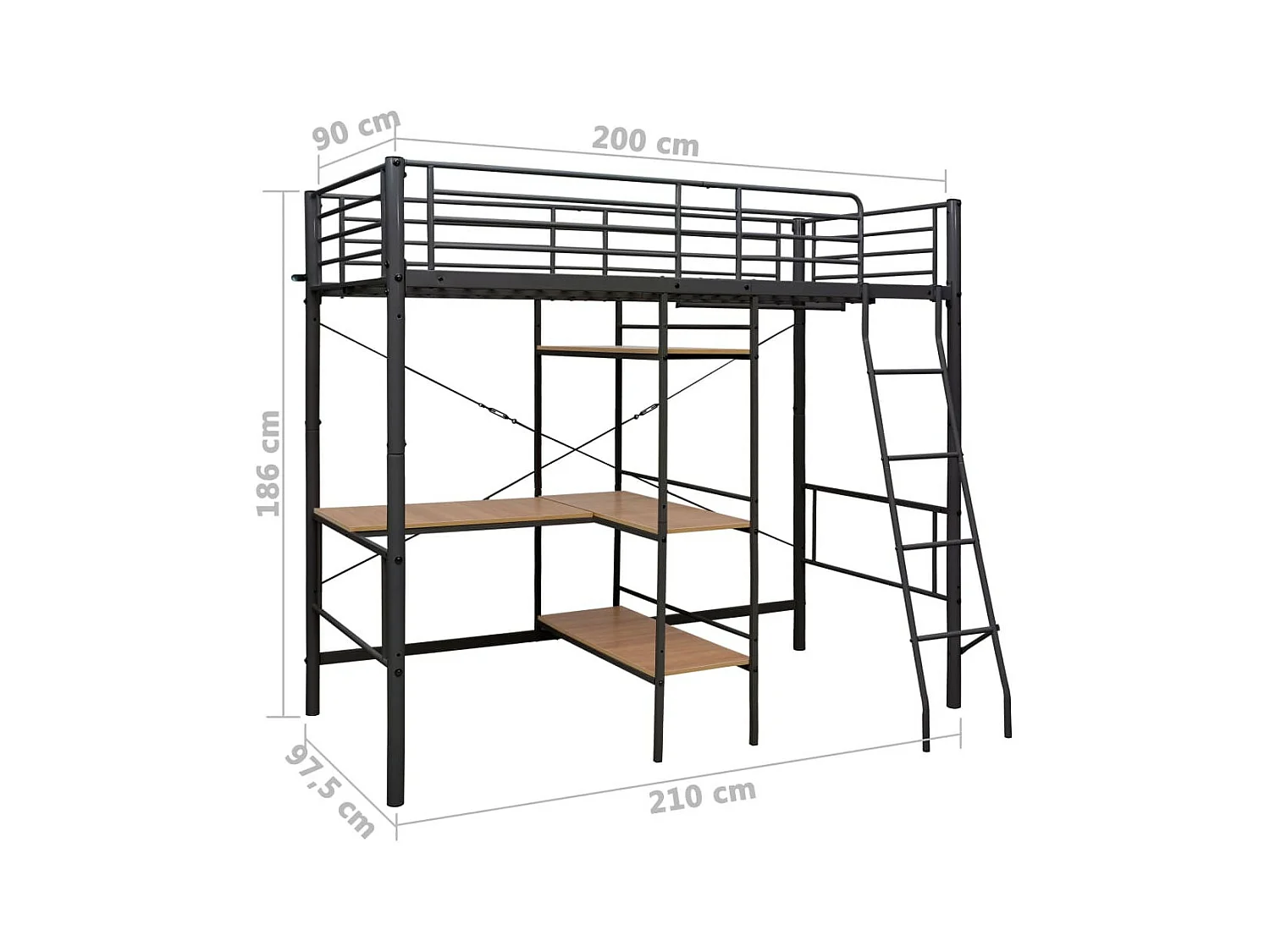 Lit mezzanine rmétal gris avec bureau bois naturel Kozty 90x200
