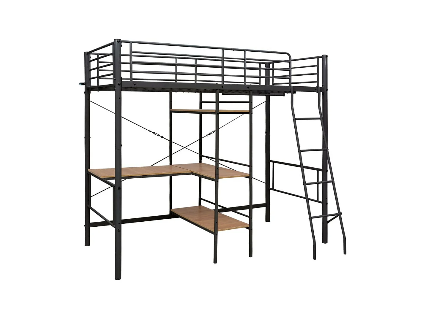 Lit mezzanine rmétal gris avec bureau bois naturel Kozty 90x200