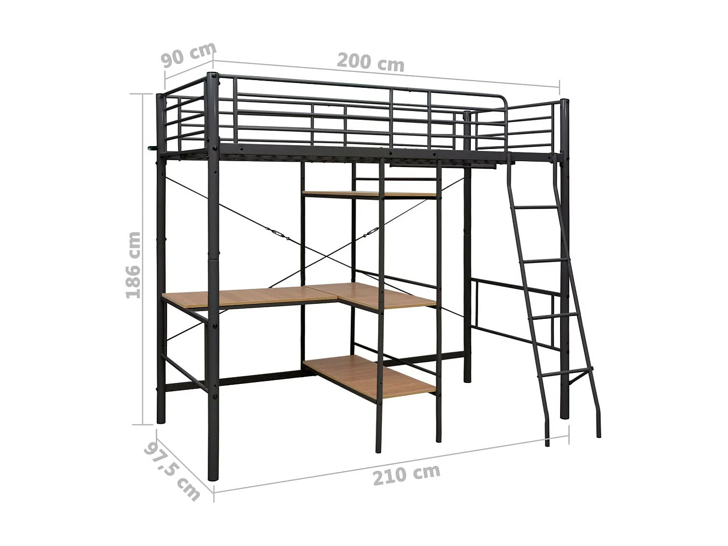 Stapelbedframe met tafel metaal grijs 90x200 cm