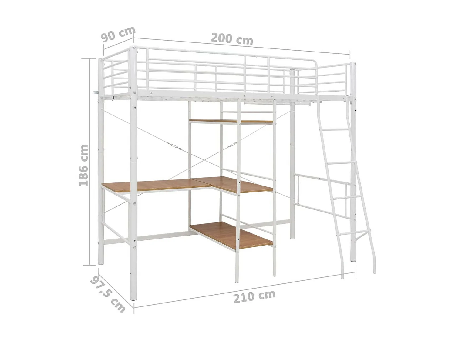 Lit mezzanine rmétal blanc avec bureau bois naturel Kozty 90x200