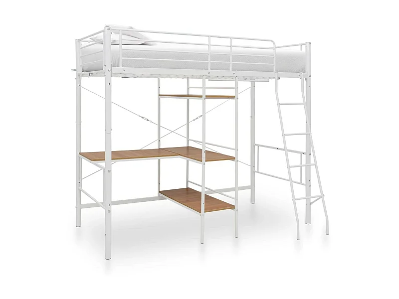 Lit mezzanine rmétal blanc avec bureau bois naturel Kozty 90x200