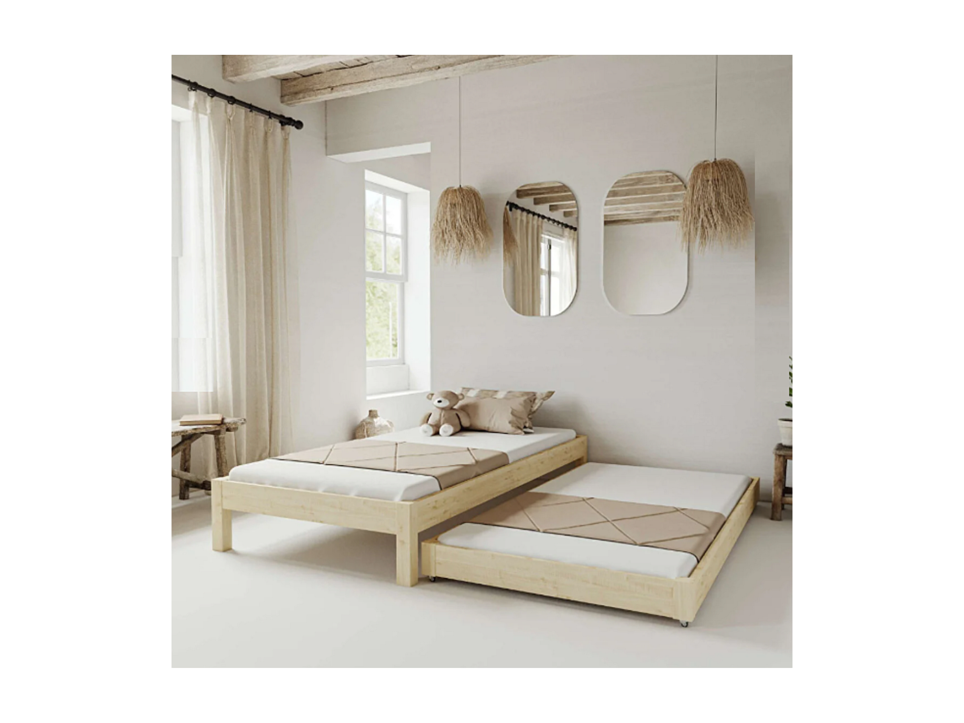 Letto Singolo Per Bambini Con 2 Finestre - Struttura In Pino E MDF Bianco, Dimensioni 207x97 Cm, Fino A 100kg - 3