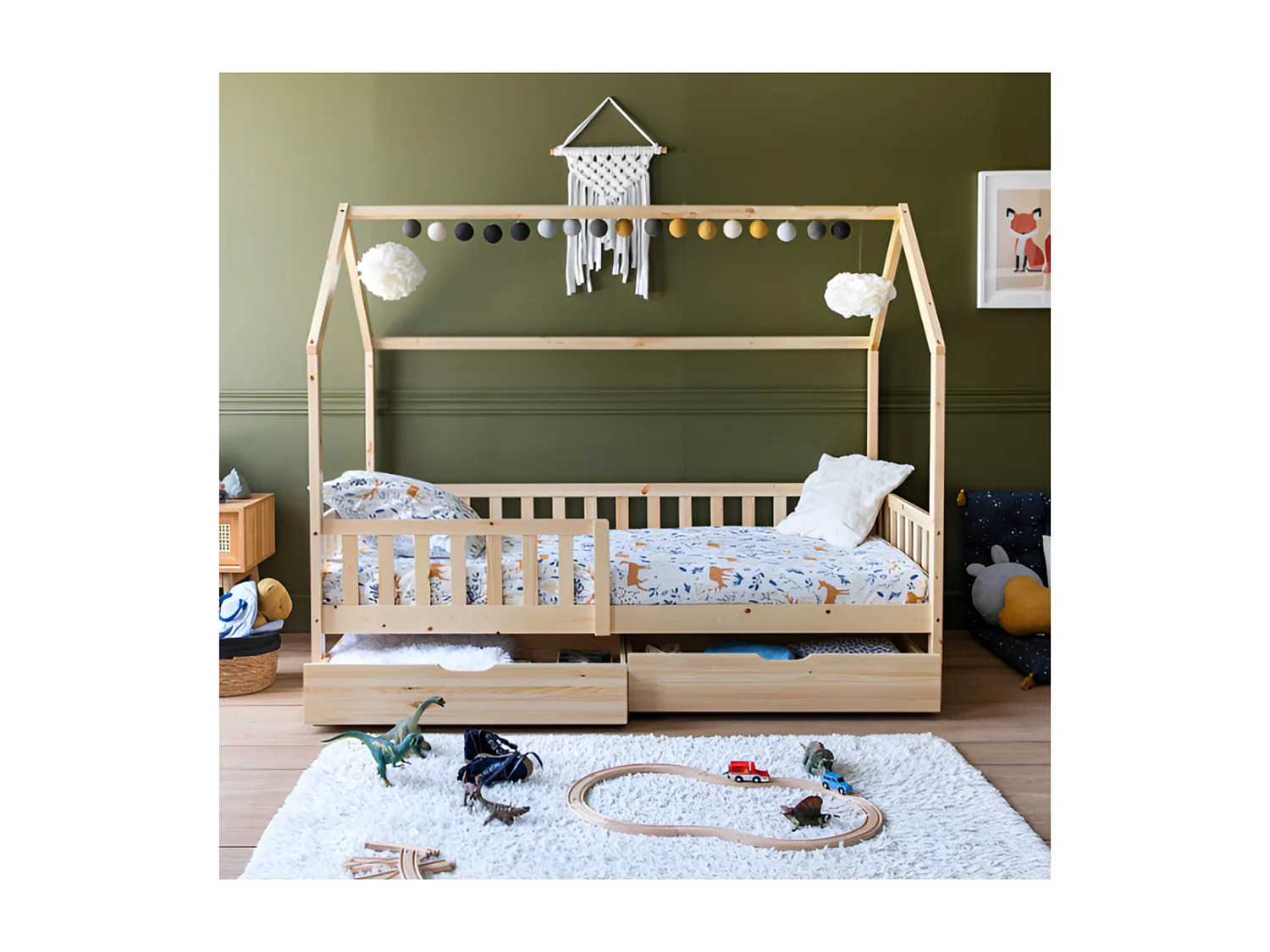 Lit avec tiroirs en bois naturel pour enfants