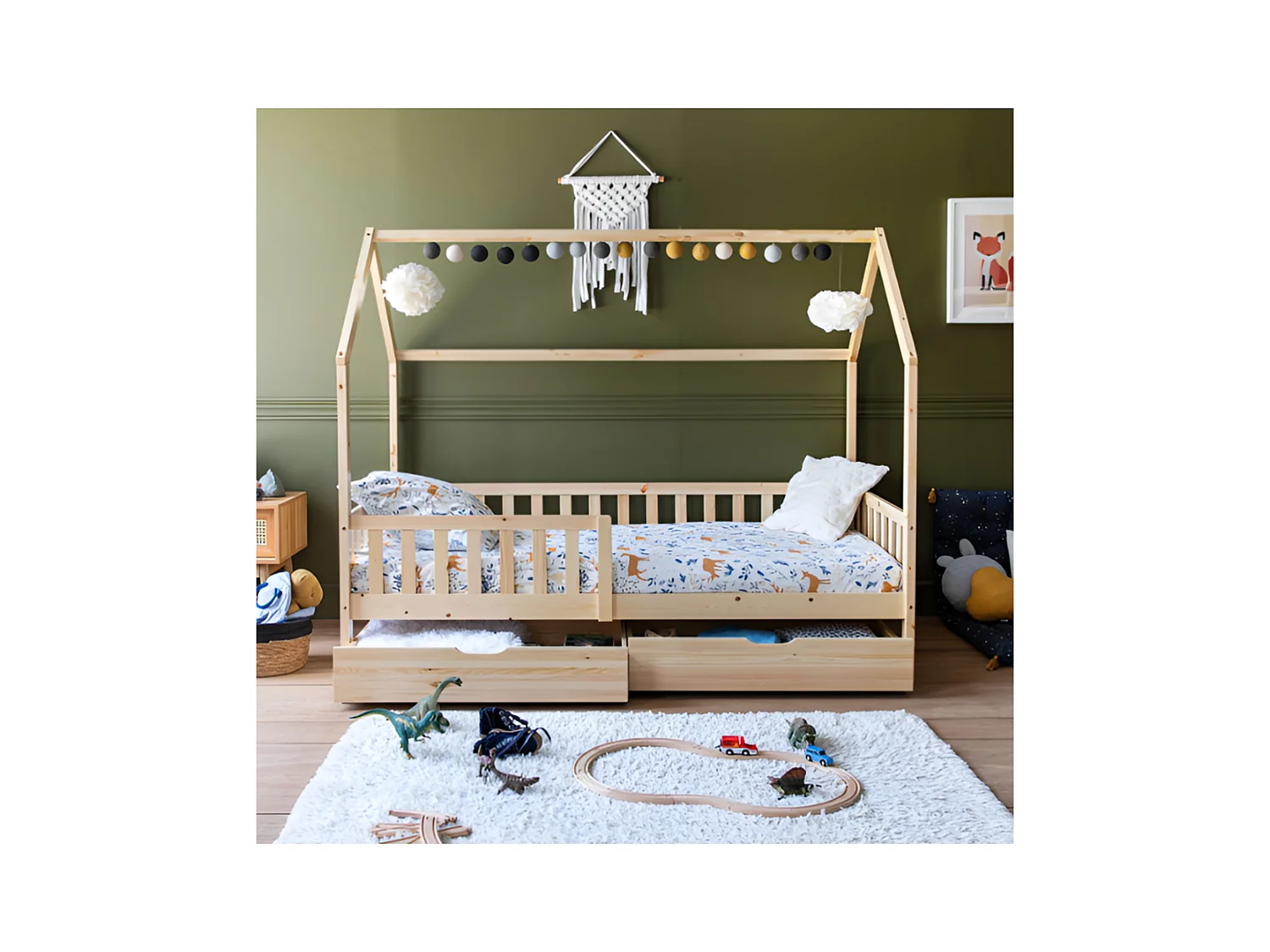 Stapelbed met natuurlijke houten laden voor kinderen