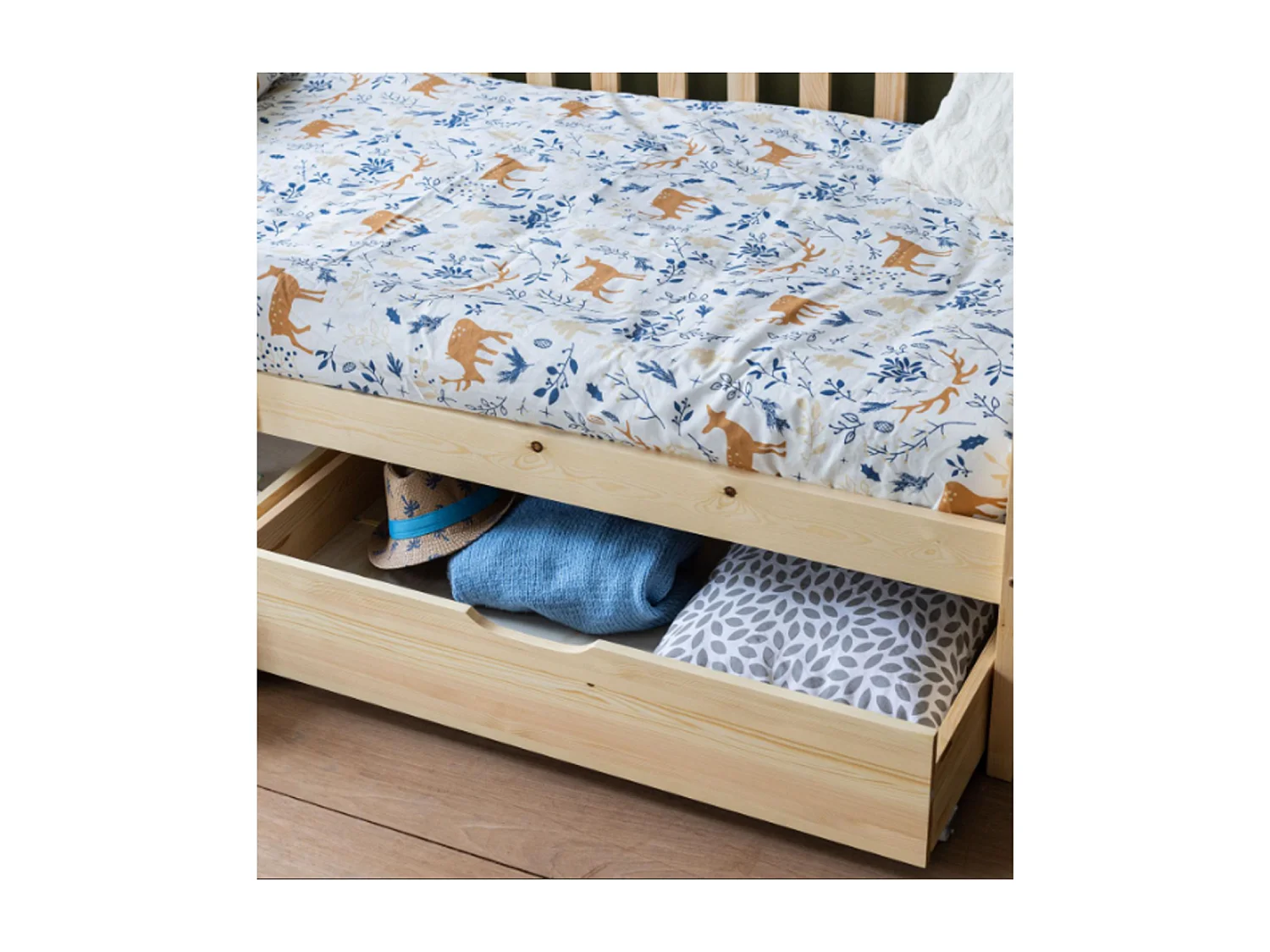 Lit avec tiroirs en bois naturel pour enfants - 2 places (80x160 cm)