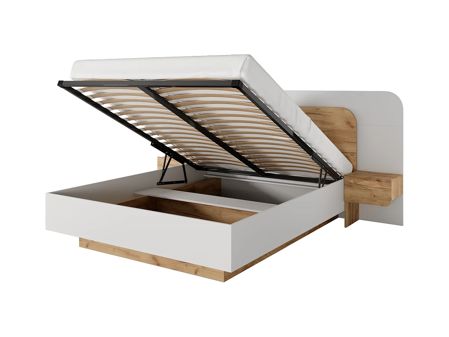 Cama con cajón y mesitas de noche 160 x 200 cm - Con LEDs - Color: natural y blanco + Colchón - DESADO