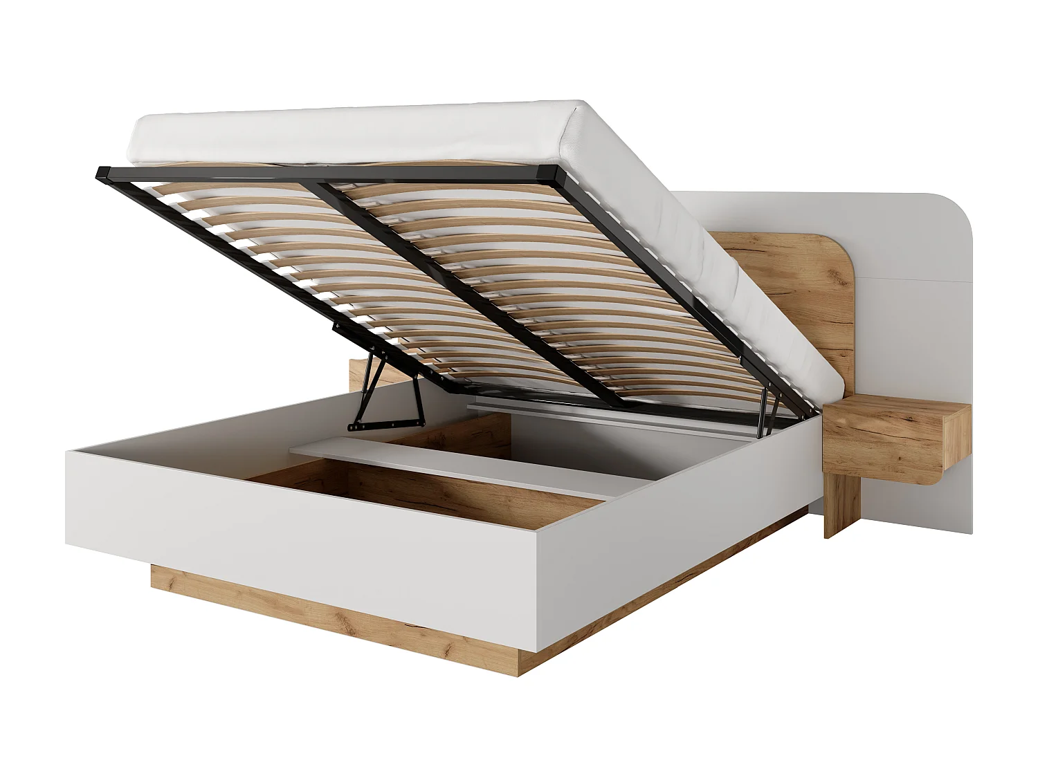 Bett mit Bettkasten & Nachttischen 160 x 200 cm - Mit LEDs - Holzfarben und Weiß + Matratze - DESADO