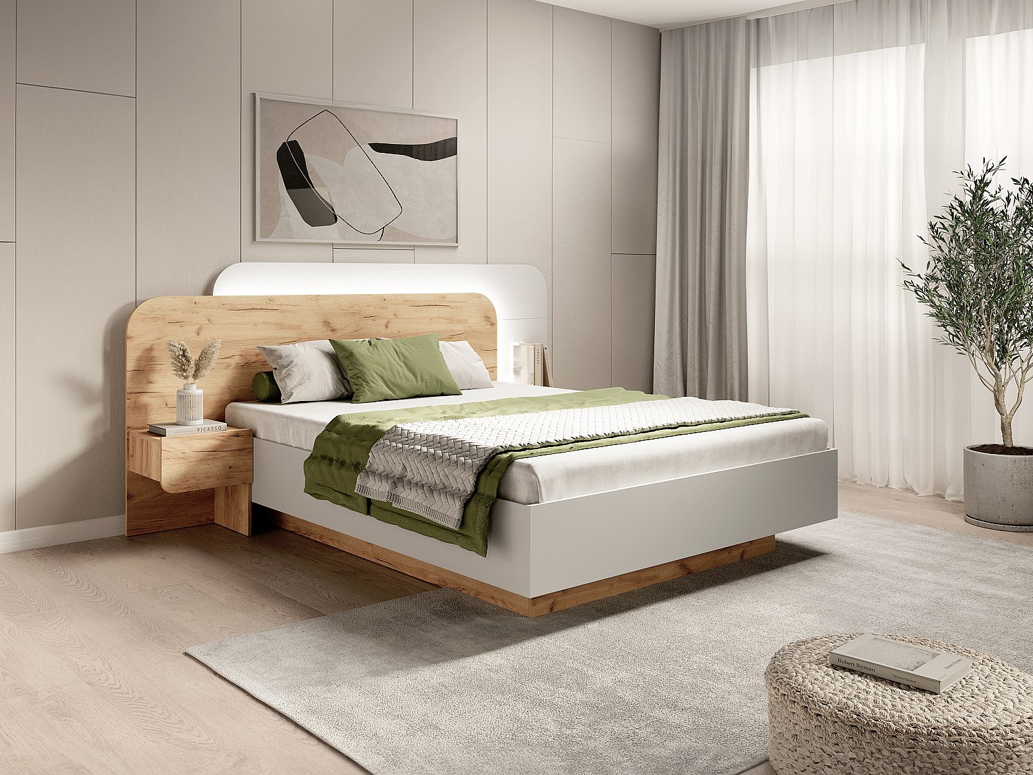 Vente-unique Bett Mit Bettkasten & Nachttischen 160 X 200 Cm - Mit LEDs - Holzfarben Und Weiß - Desado