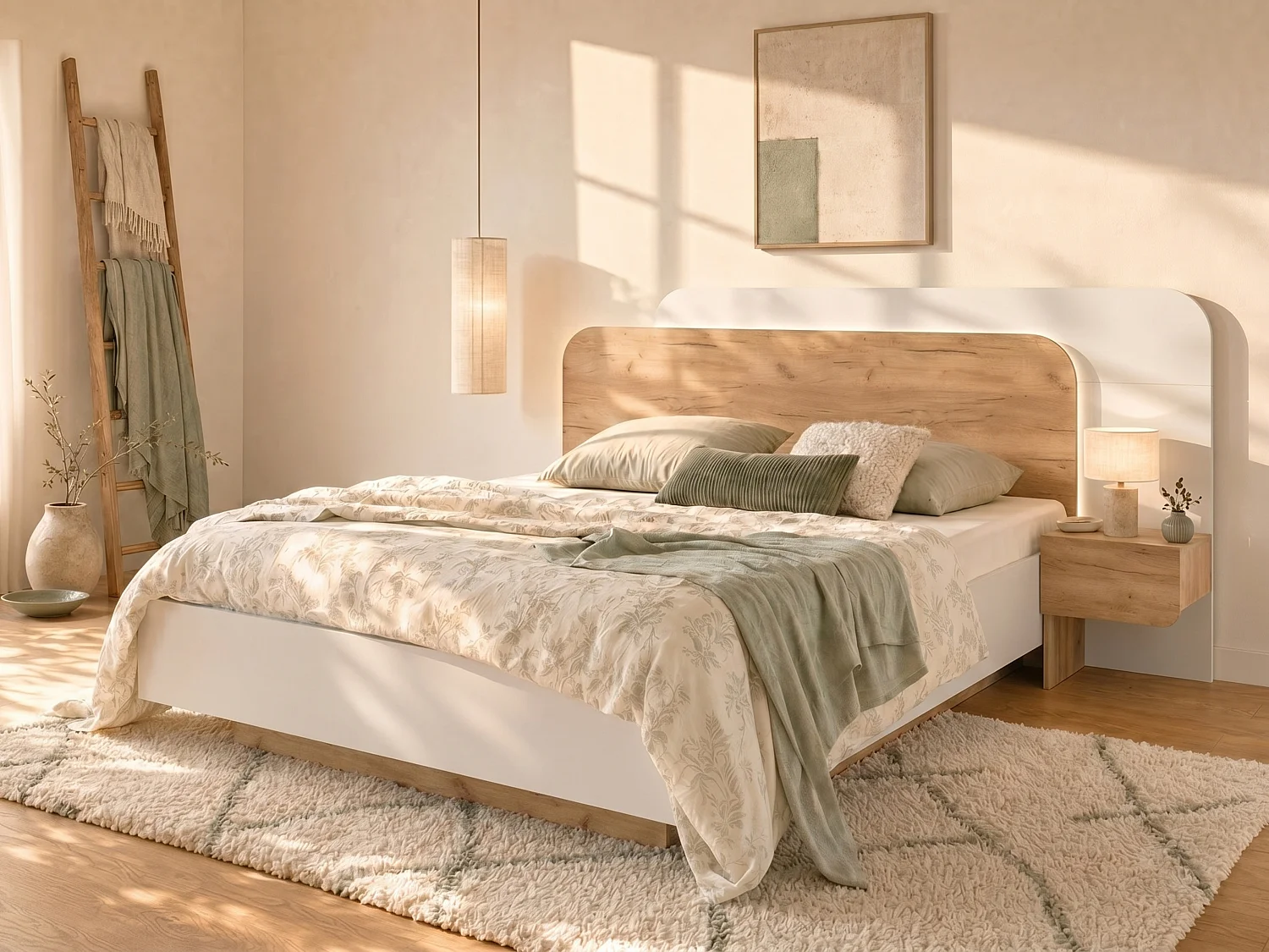 Letto con contenitore con comodini 160 x 200 cm Con LED Naturale e Bianco - DESADO