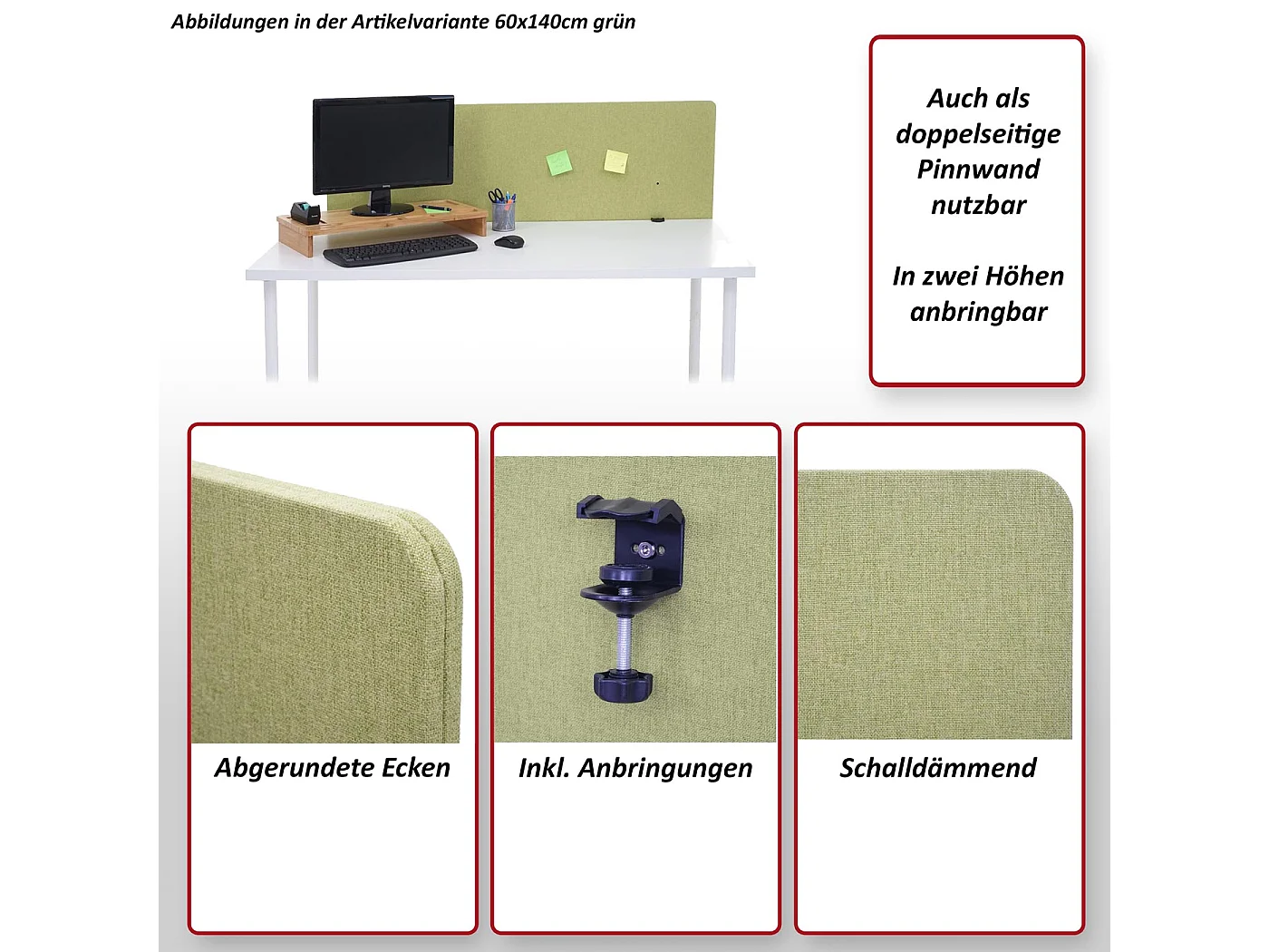 Cloison acoustique de bureau MCW-G75,  140x60cm, vert
