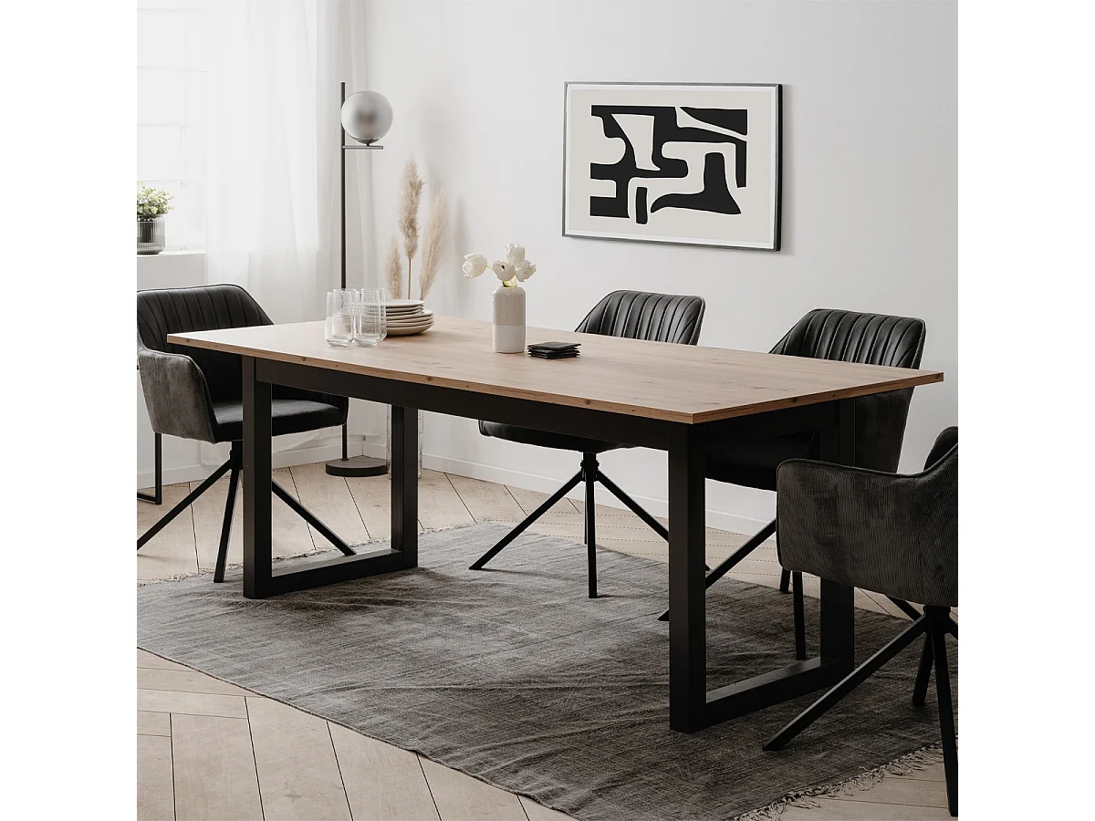 Table à manger extensible 8 à 10 personnes effet chêne et anthracite 200/240 cm - Nora