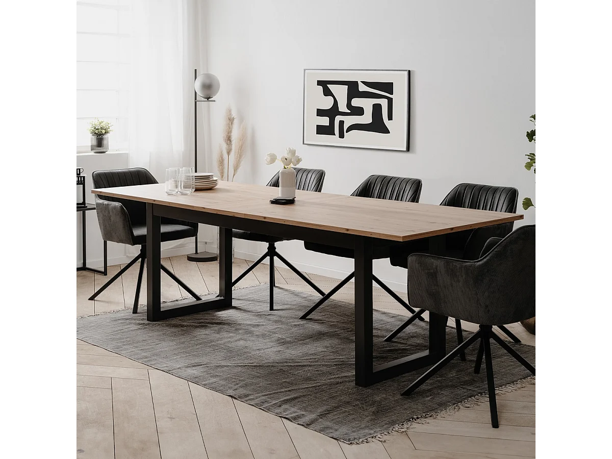 Table à manger extensible 8 à 10 personnes effet chêne et anthracite 200/240 cm - Nora