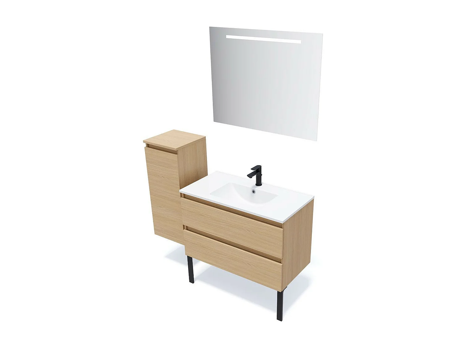 Meuble de salle de bain suspendu vasque intégrée 90cm 2 tiroirs Chêne clair + miroir - Hudson