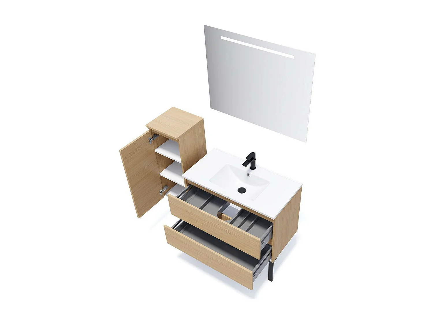 Meuble de salle de bain suspendu vasque intégrée 90cm 2 tiroirs Chêne clair + miroir - Hudson