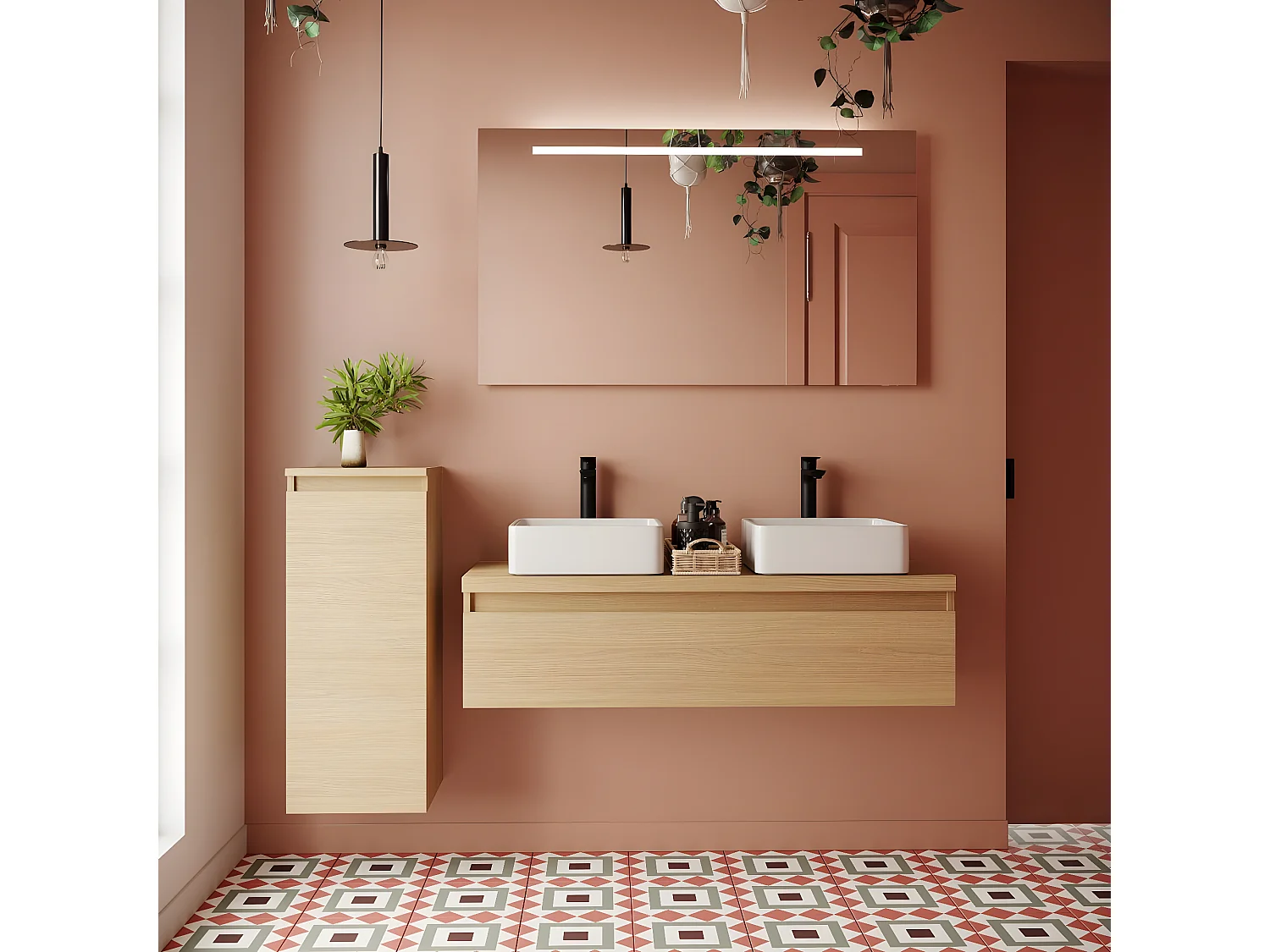 Meuble de salle de bain suspendu 2 vasques à poser 120cm 1 tiroir Chêne clair + miroir - Hudson