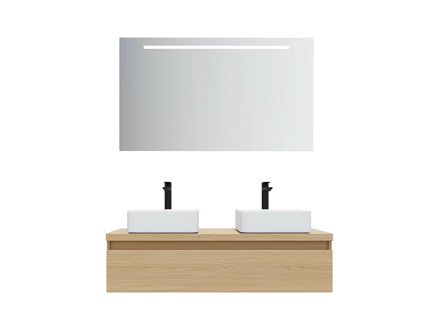 Meuble de salle de bain suspendu 2 vasques à poser 120cm 1 tiroir Chêne clair + miroir - Hudson