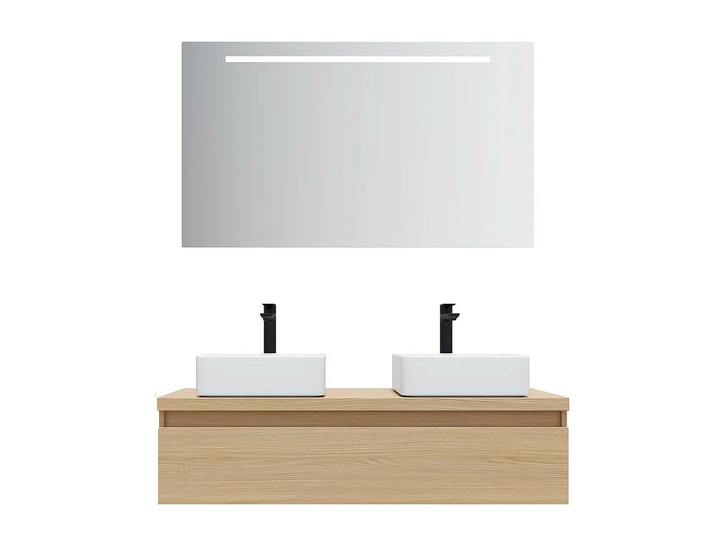 Meuble de salle de bain suspendu 2 vasques à poser 120cm 1 tiroir Chêne clair + miroir - Hudson