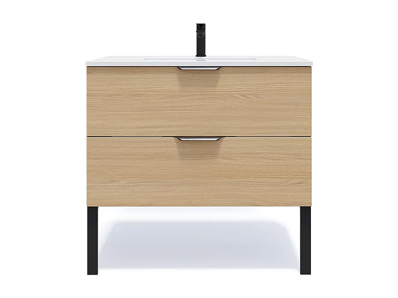 Meuble de salle de bain suspendu vasque intégrée 90cm 2 tiroirs Chêne clair - Soho