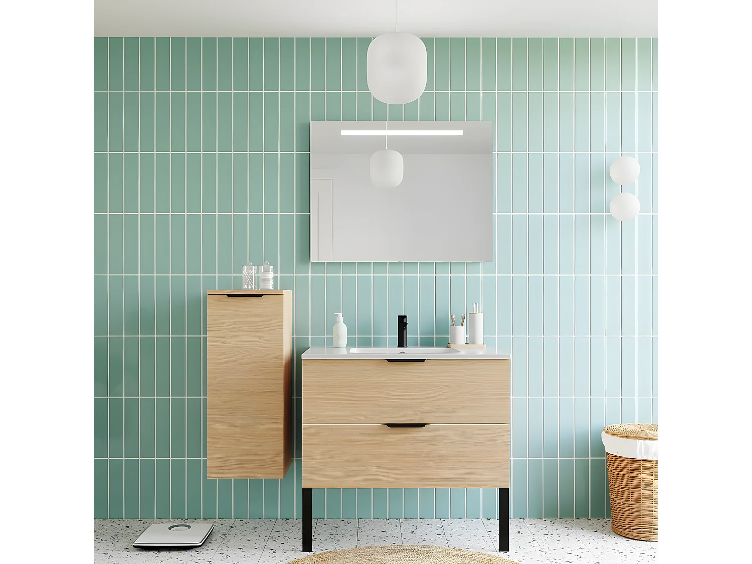 Meuble de salle de bain suspendu vasque intégrée 90cm 2 tiroirs Chêne clair - Soho