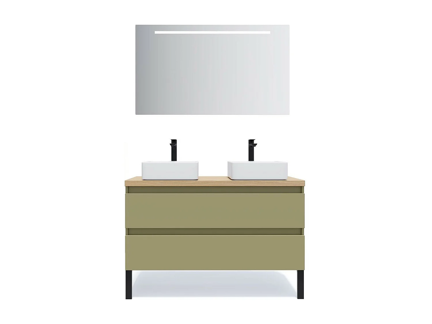 Meuble de salle de bain suspendu 2 vasques à poser 120cm 2 tiroirs Vert olive + miroir - Hudson