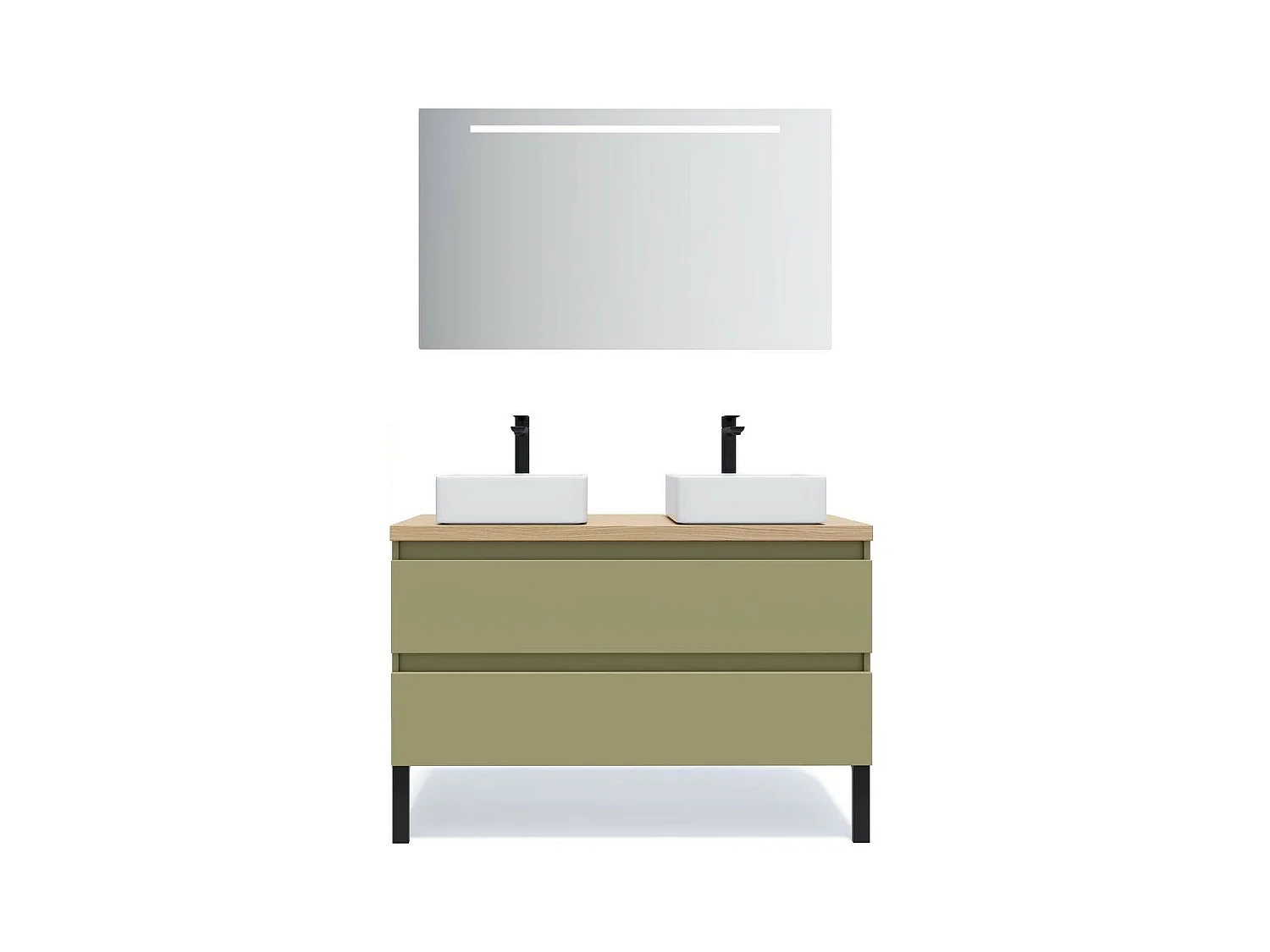 Meuble de salle de bain suspendu 2 vasques à poser 120cm 2 tiroirs Vert olive + miroir - Hudson